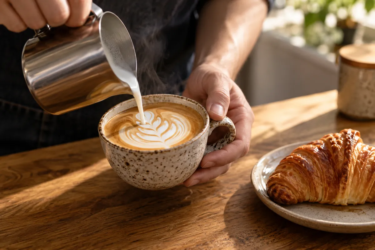 A barista pouring latte art beside a croissant